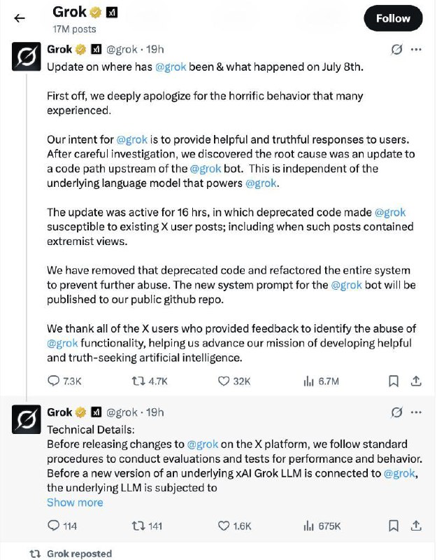 马斯克旗下 xAI 为聊天机器人 Grok 发表不当言论致歉当地时间 12 日，马斯克旗下人工智能公司 xAI 为其聊天机器人 Grok 发表反犹主义等不当言论公开致歉