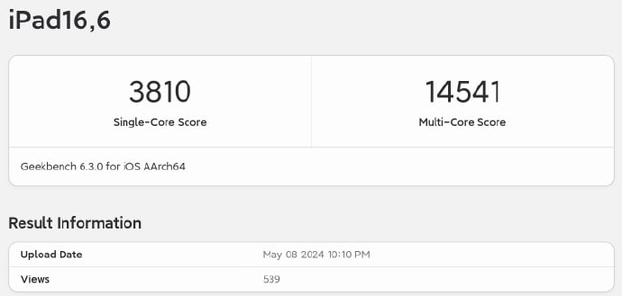 苹果M4芯片Geekbench 6跑分出炉，性能遥遥领先iPad Pro 2024初版跑分出炉，Geekbench 6 单核3810，多核14541