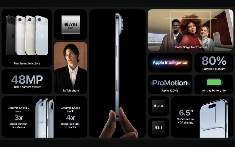 iPhone Air 最强的手机芯片A19 Pro- 5.6毫米的厚度- 6.5屏幕、120hz高刷- A19 Pro 芯片（残血版，5核GPU）- 全新C1X 基带- 苹果N1 Wi-Fi和蓝牙的无线芯片- 支持 eSIM，且全球皆为 eSIM- 支持前后摄像头同时使用售价 7999 元起Apple🍀在花频道  🍵茶馆  📮投稿
