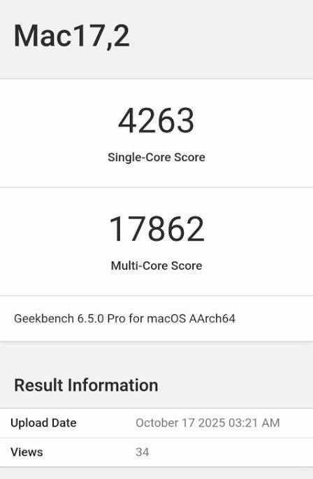  苹果 M5 芯片在 14 英寸 MacBook Pro 跑分测试中创历史新高苹果新款 14 英寸 MacBook Pro 搭载的 M5 芯片在 Geekbench 6 数据库中创下了单核性能历史最高纪录，得分达到 4,263 分，超越了此前所有 Mac 和 PC 处理器
