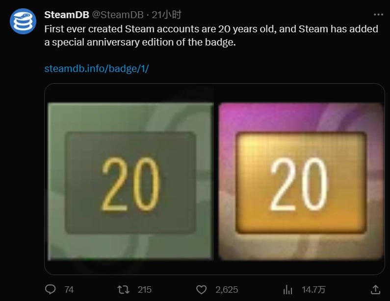 Steam 平台迎来 20 周年纪念，V 社为早期用户资料卡添加纪念徽章2003 年 9 月 12 日，Steam 初版正式上线，今天是其迎来 20 周年的日子，根据 SteamDB 提供的数据显示，官方为一些早期用户准备了专属纪念徽章，这一徽章采用军绿色配色方案，呼应 Steam 平台的最初设计