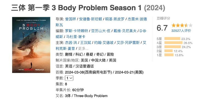Netflix《三体》豆瓣开分 6.7 分线索：@ZaiHuabot投稿：@TNSubmbot频道：@TestFlightCN