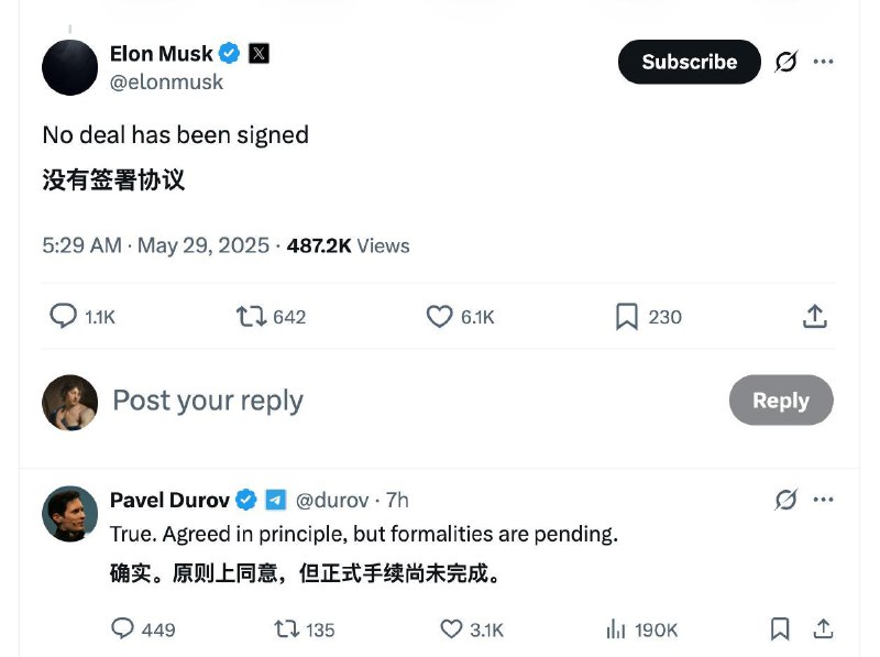 马斯克否认已与 Telegram 正式达成 xAI 合作Telegram 创始人 Pavel Durov 日前宣布，已与埃隆·马斯克旗下人工智能公司 xAI 原则上达成为期一年的战略合作，计划将 xAI 的旗舰聊天机器人 Grok 引入 Telegram，覆盖超过 10 亿全球用户