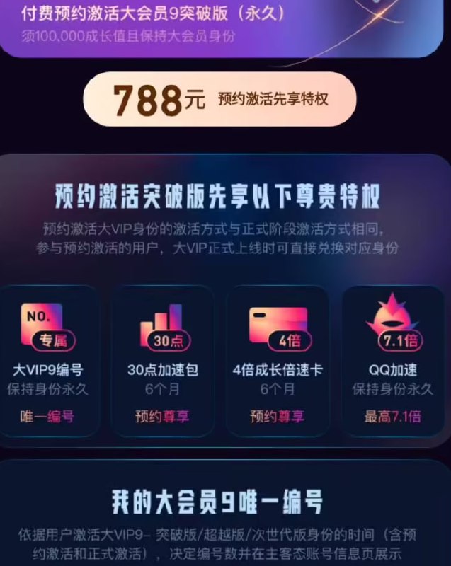 腾讯 QQ 大会员 9 明年 3 月上线：788 元起永久激活，现已开启预约腾讯 QQ 日前开启大 VIP9（大会员 9）的预约，将于 2025 年 3 月上旬正式上线大 VIP9