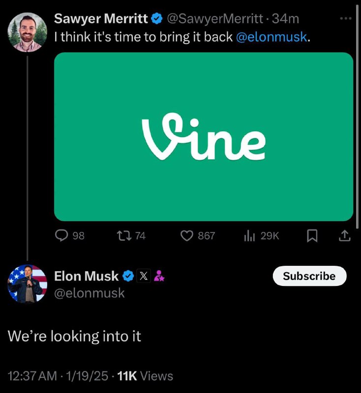 马斯克表示X正在考虑恢复vine短视频功能Vine 是一款曾经非常流行的短视频分享应用，允许用户创作最多 6 秒钟的循环视频，并将其分享给朋友或公众
