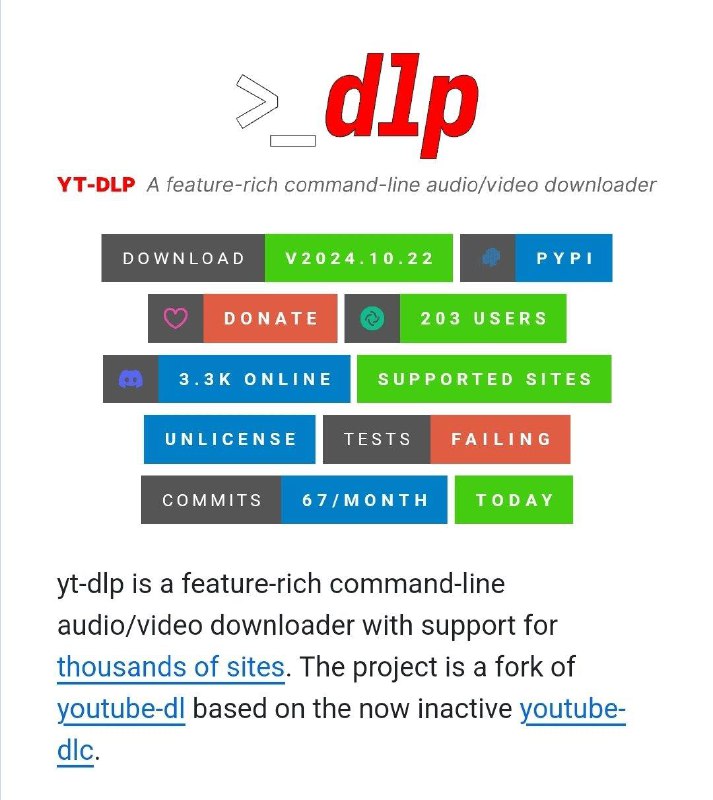 超级影音下载工具 yt-dlp覆盖 YouTube/Tiltok/Bilibili/抖音/Ins 等数千平台(GitHub目前已被star 86.8k)核心功能:- 支持数千个网站的音视频下载- 提供丰富的命令行选项- 支持各种格式的视频/音频处理- 具备地理限制规避功能GitHub📮投稿  ☘️频道