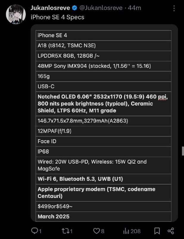 苹果iPhone SE 4完整规格表和定价泄露苹果计划于2025年第一季度推出iPhone SE 4，这款低价机型将具备出色性能