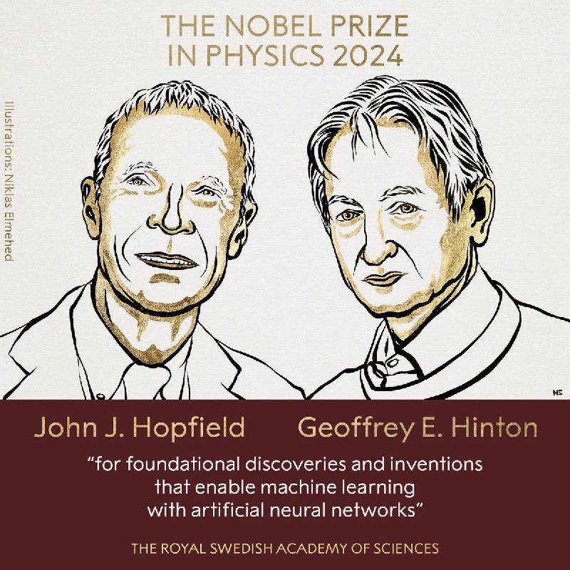 2024年诺贝尔物理学奖公布授予John J. Hopfield和Geoffrey E. Hinton，表彰他们通过人工神经网络实现机器学习的基础性发现和发明