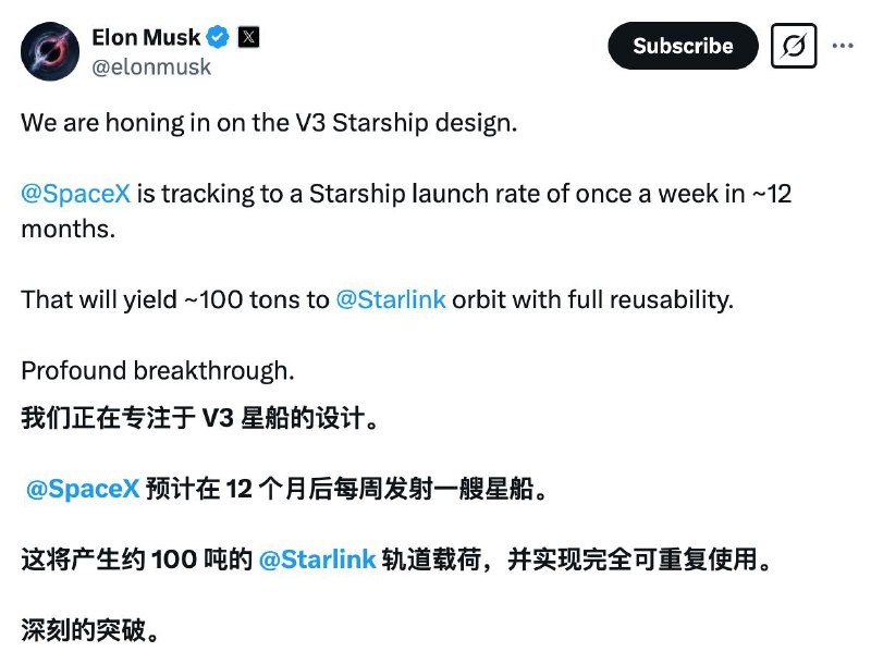 马斯克称星舰取得重大突破：12 个月内发射频率将达每周一次SpaceX 创始人埃隆・马斯克在社交平台 X 上发文公布了关于公司星舰的进展，他表示正在完善 V3 版本星际飞船的设计，预计在约 12 个月内，星舰的发射频率将达到每周一次