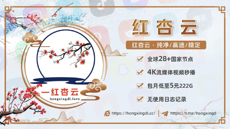 红杏云，极速专线中转机场（40+全球节点）限时5元222G包月，专线一倍率，5折优惠码：hx668（只限一次）Netflix/Disney/ChatGPT流媒体全解锁官网：