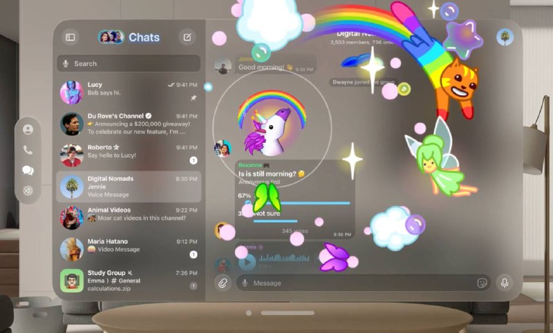 苹果 Vision Pro 头显首批第三方应用出炉，Telegram 展示 visionOS 版 App 设计苹果 Vision Pro 头显即将在明年于美国上市，许多开发商已经积极在为这款头显作第三方应用适配努力，今日 Telegram 创始人 Pavel Durov 便简要展示了 Telegram 即将推出的 visionOS 版应用