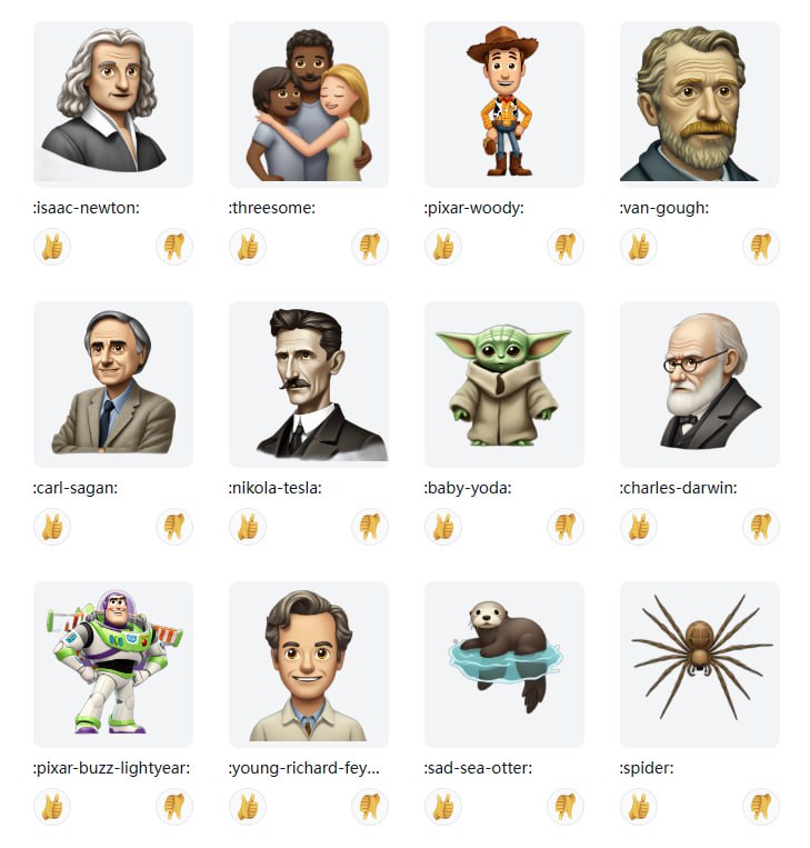 世界上最大的表情符号库 EmojiGen 更新搜索功能你可以在几秒钟内搜索整个开源AI表情符号库 (约25万)，也可以自己生成透明背景的 emoji