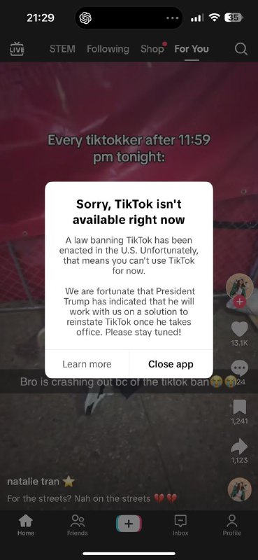 TikTok 、CapCut 、lemon8在美国正式关闭原本关闭时间预计在北京时间周日下午1点（美国时间周日0点）