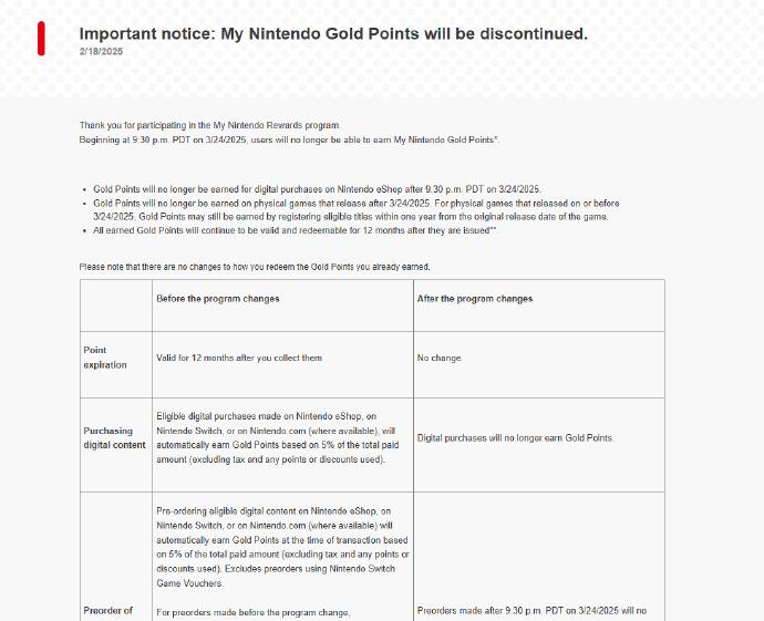 任天堂宣布终止"My Nintendo金币"积分奖励计划任天堂官方宣布，自2025年3月25日（北京时间）起，将全面停止运行已持续多年的"My Nintendo Gold Points"积分奖励计划