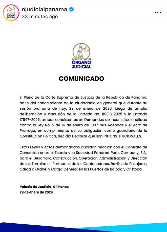 巴拿马最高法院裁定长和集团港口运营合约违宪巴拿马最高法院于 1 月 29 日裁定，长和集团（CK Hutchison）对巴拿马运河两座战略港口的运营合约违宪