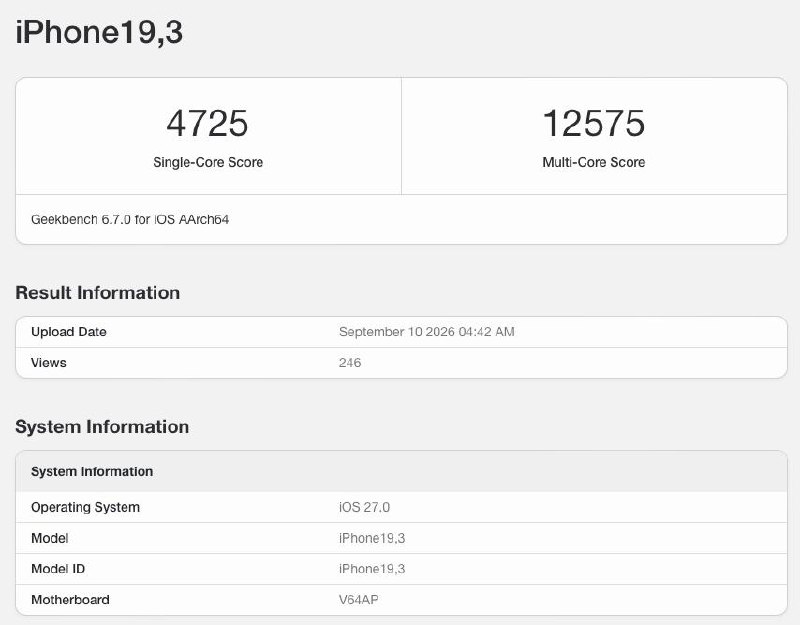  Geekbench 公布 iPhone 18 Pro Max 跑分，单核成绩超 4700 分Geekbench 跑分网站测评显示，iPhone 18 Pro Max 的 A20 Pro 芯片单核成绩 4727 分，多核成绩 12424 分，GPU 跑分为 64069 分，其中单核成绩刷新手机 CPU 纪录，GPU 跑分超过 iPad Pro M4