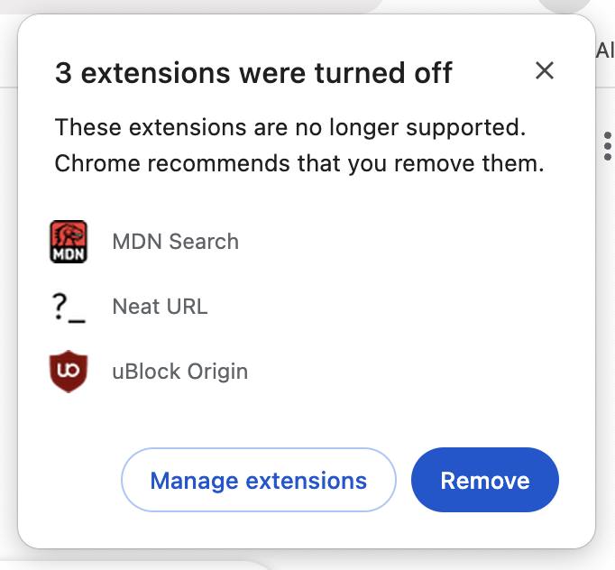 Chrome 提示 uBlock Origin 将不可用，开发者呼吁大家安装 uBlock Origin LiteGoogle Chrome 迁移到 Manifest V3，uBlock Origin 提示不可用，开发者建议安装符合Manifest V3 的 uBlock Origin Lite