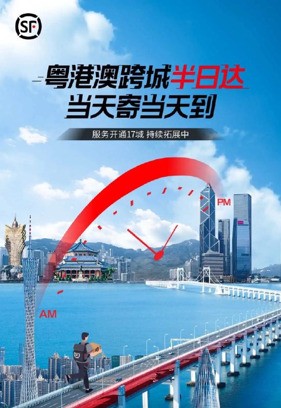 顺丰推出“粤港澳跨城半日达”服务：覆盖 17 个城市共计 90 条线路顺丰表示，此次推出的“粤港澳半日达”首期范围覆盖粤港澳 17 个城市共计 90 条线路，不仅包括广州、深圳、东莞等大型城市，也覆盖佛山、中山、惠州、河源、清远等中型城市，更推出“东莞-香港”跨城半日达服务，具体开通城市及线路以下单页为准