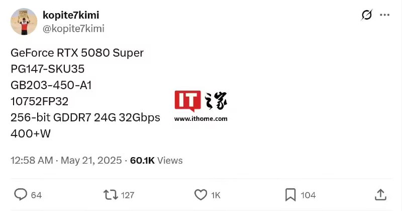 英伟达RTX 5080 SUPER显卡规格曝光消息人士透露，英伟达计划最早于今年底推出GeForce RTX 5080 SUPER桌面显卡