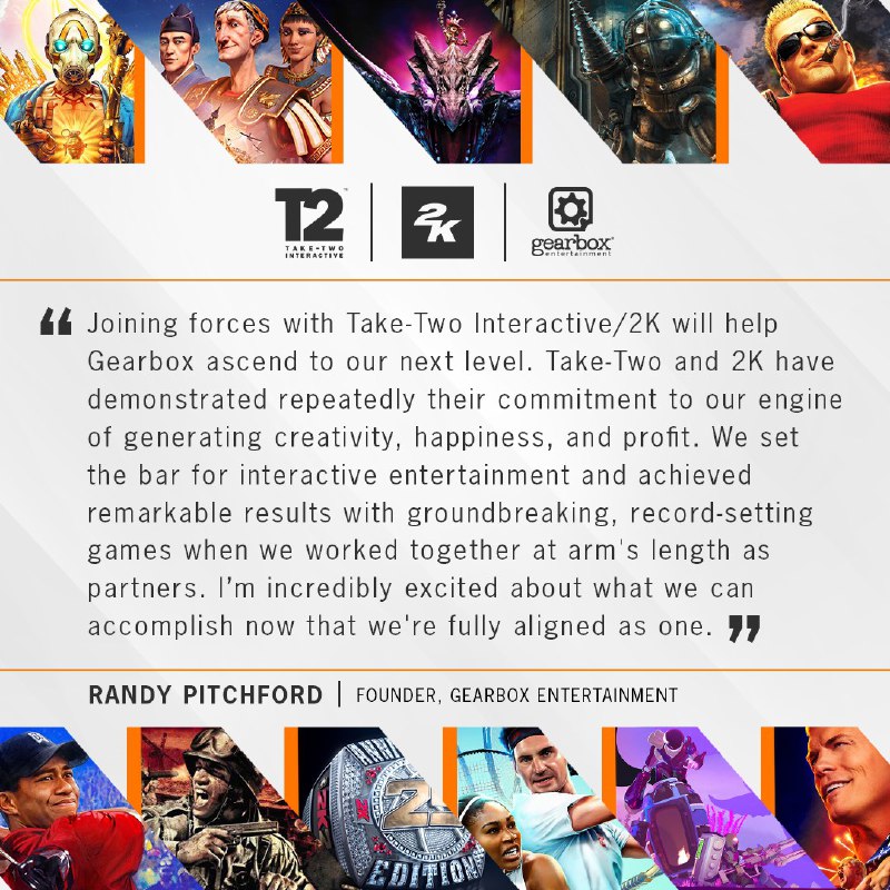 Take Two 以 4.6 亿美元收购《无主之地》开发商 GearboxTake Two (R星 & 2K母公司) 刚刚以4.6亿美元的价格从 Embracer 手中买下 Gearbox，获得了《无主之地》《小缇娜的奇幻之地》《毁灭公爵》《雨中冒险》《家园》《战火兄弟连》等 IP 版权