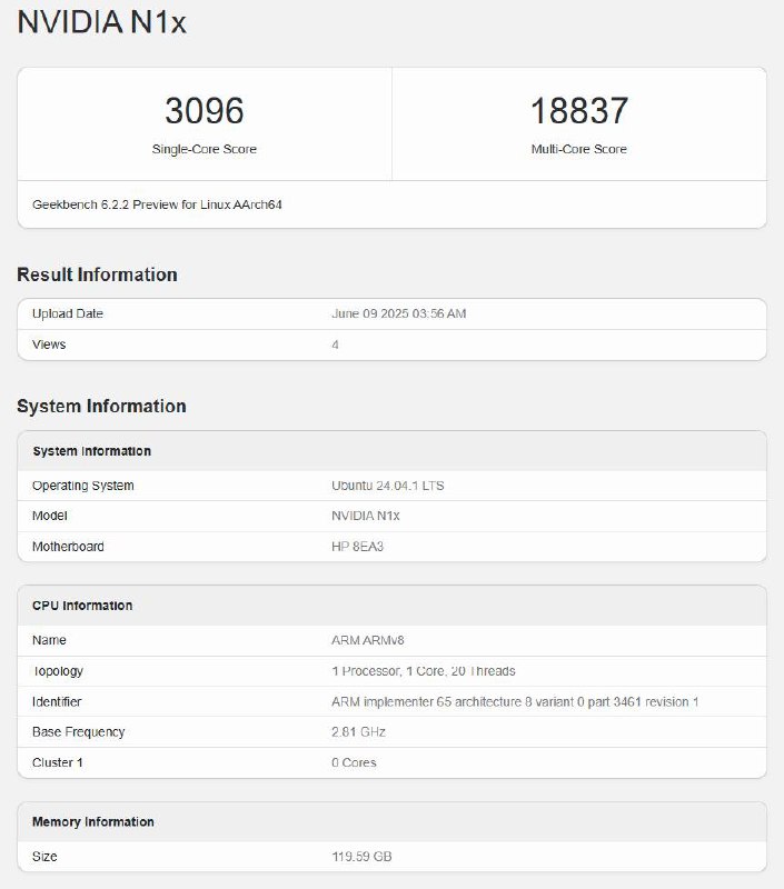 Nvidia N1X：基于 Arm 的芯片现身 GeekbenchNvidia 传闻中的 Arm 架构处理器 N1X 首次现身 Geekbench 6.4 跑分平台，样本为 20 核心设计，基础主频 2.81 GHz，测试中最高能稳定冲至 4.0 GHz，配备 128 GB 内存和 HP 主板