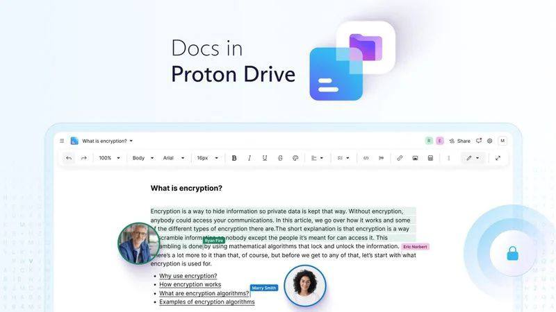 叫板谷歌 Docs，Proton Docs 文档服务登场：实现端到端文本加密瑞士隐私保护公司 Proton 最新推出了 Proton Docs 文件服务，在官方宣传中称其为“Google Drive 和 Docs 的安全替代产品”，实现了端到端加密