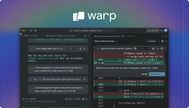 Warp 开源客户端代码库，打造基于终端的智能开发环境Warp 是一个基于终端的智能开发环境，现已开源客户端代码库