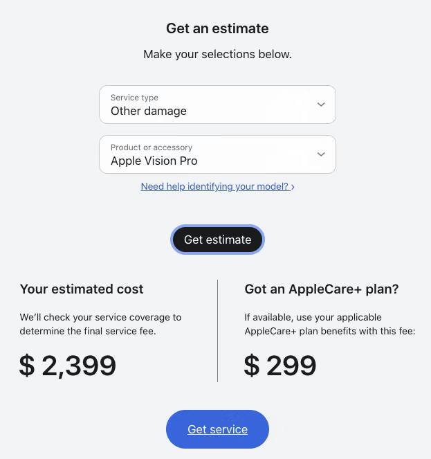 苹果公布Vision Pro维修费用根据苹果Vision Pro维修服务网页，目前服务类型仅包括“玻璃盖板损坏”和“其他损坏”两项