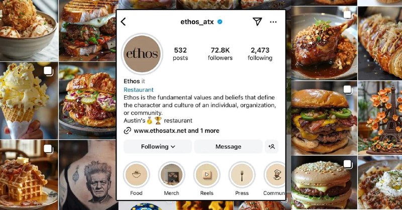 美国奥斯汀Instagram排名第一的餐厅食物照片均为AI生成Ethos_atx，自称美国奥斯汀第一大热门餐厅，拥有近73,000名Instagram粉丝和大量积极评价，但其所有内容皆为AI生成