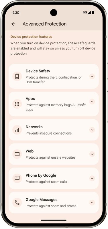 Android 16高级保护模式 适用记者和公众人物谷歌为高风险用户推出Android 16高级保护模式，该模式集成多项安全功能，包括禁用侧载应用、阻止USB数据传输、关闭2G/WEP连接等