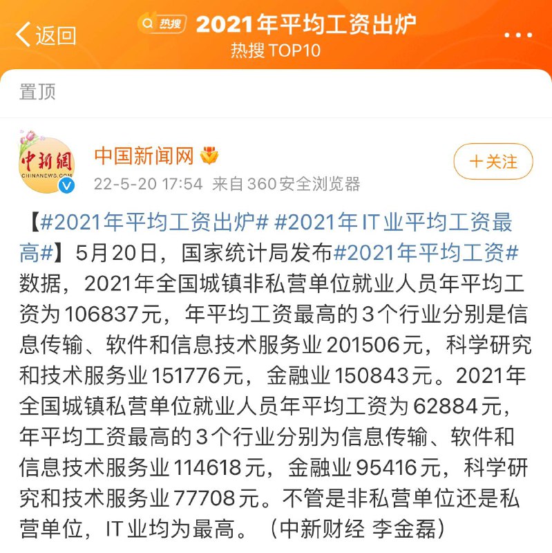 5月20日，国家统计局发布#2021年平均工资#数据，2021年全国城镇非私营单位就业人员年平均工资为106837元 