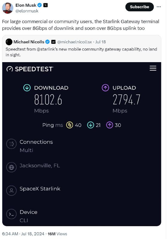 Starlink展示了8Gbps的下载速度spaceX正在测试其Starlink服务的新功能，该功能能够为远离陆地的商业用户提供高达8Gbps的下载速度