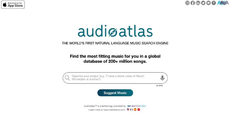 Audioatlas是一个自然语言搜索引擎，由MatchTune开发，使用户能够在超过2亿首歌曲的全球数据库中，根据任何想象提示，搜索找到最合适的音乐