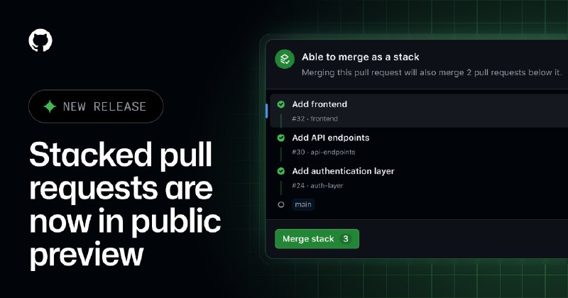  GitHub 堆叠式拉取请求进入公开预览GitHub 宣布堆叠式拉取请求（Stacked PRs）功能自 7 月 30 日起进入公开预览，未来几天内向所有仓库开放