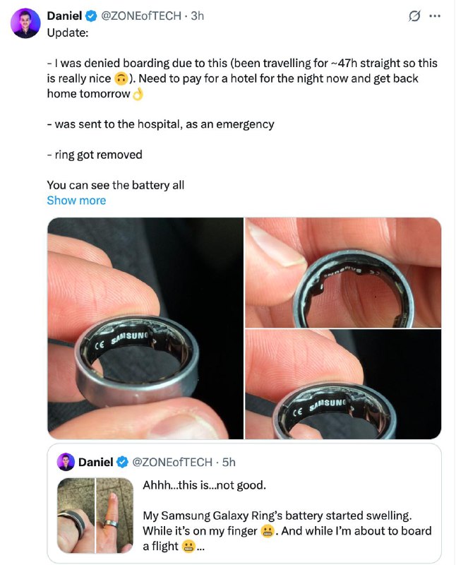 三星 Galaxy Ring 电池膨胀致用户被拒登机科技博主 Daniel 在社交媒体上分享了一起严重的智能设备安全事故