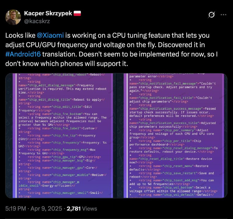 小米或将为Android用户提供CPU/GPU超频功能小米MIUI系统代码显示，该公司正在开发"芯片性能仪表盘"功能，允许用户调整CPU/GPU频率和电压