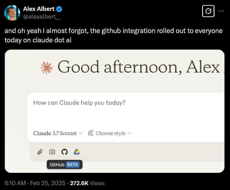Claude 关系负责人 Alex Albert 表明已面向所有用户开放 GitHub 集成 Claude