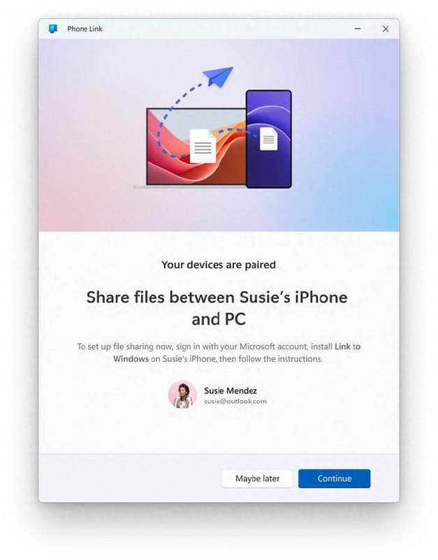 微软开始测试 Windows PC 与 iPhone 的文件共享功能Windows Insiders 可以下载最新的 Phone Link 应用程序更新（1.24112.89.0 或更高版本），它将包含一个新的设置对话框，以便在 iPhone 和 PC 之间共享文件