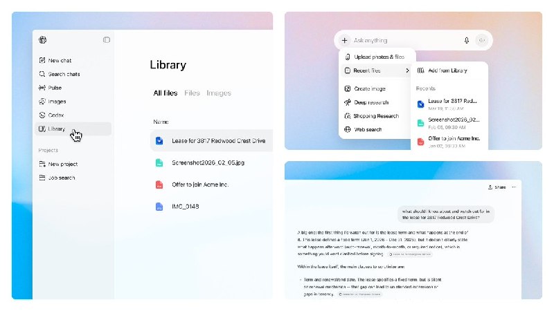  ChatGPT 新增文件库入口，已向 Plus、Pro 和 Business 用户推出ChatGPT 优化了用户上传和创建文件的查找、复用与继续编辑流程，用户现在可以在对话中通过工具栏的最近文件快速引用文件，直接就已上传内容向 ChatGPT 提问，并在网页版侧边栏新增的 Library 标签中浏览文件