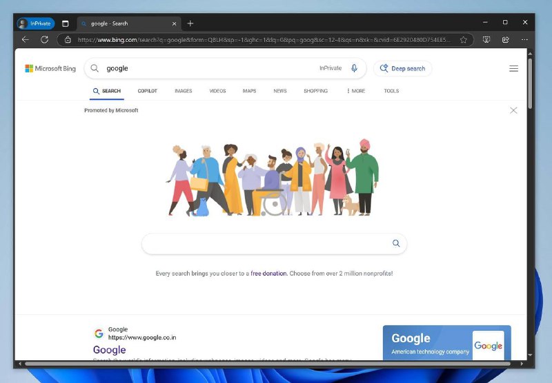 微软新策略：搜索Google时模仿其界面留住用户微软在Bing搜索引擎上推出了一项新功能：当用户搜索"Google"时，会显示一个模仿Google界面的搜索页面