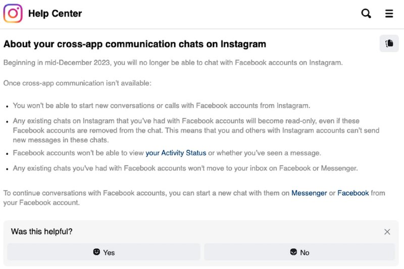 Instagram和Facebook的消息互通功能即将停用从12月中旬开始，Instagram和Facebook的消息服务将不再互通，届时用户将无法开启新的跨平台聊天，现有的跨平台对话将进入只读模式