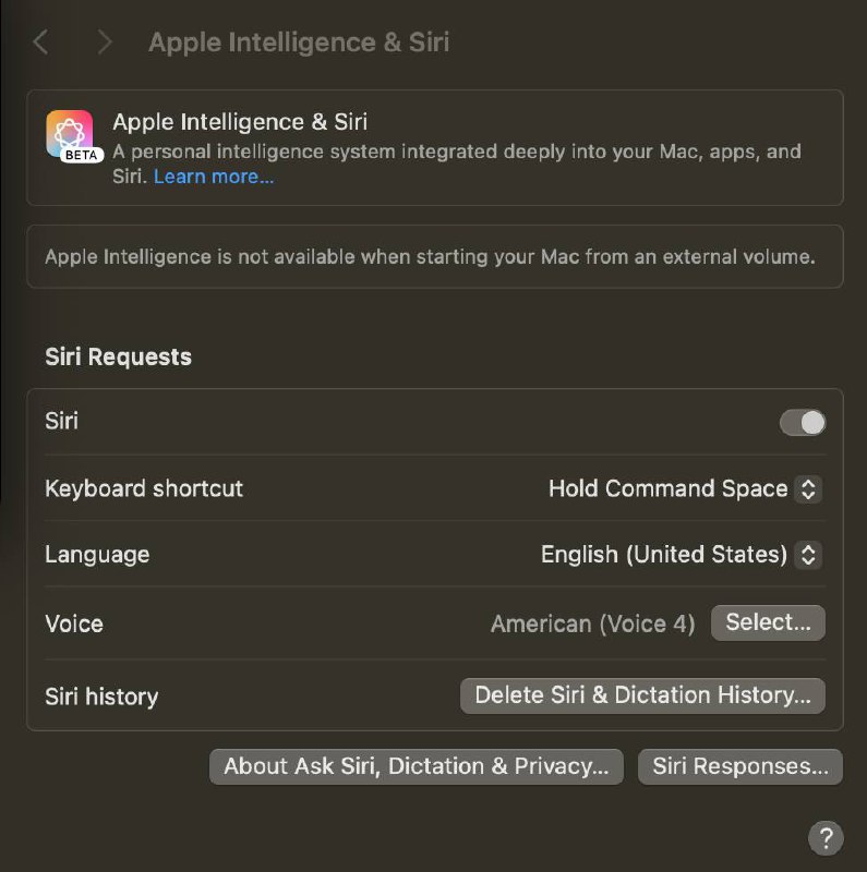 从外置硬盘启动 Mac 时， Apple Intelligence 将不可用低配的Mac mini想把系统装外置硬盘会导致Apple Intelligence不可用