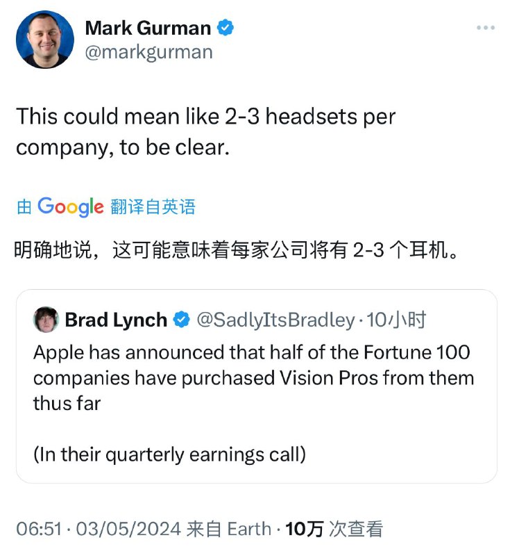 库克：财富100强企业中，有一半企业已经购买了Vison Pro