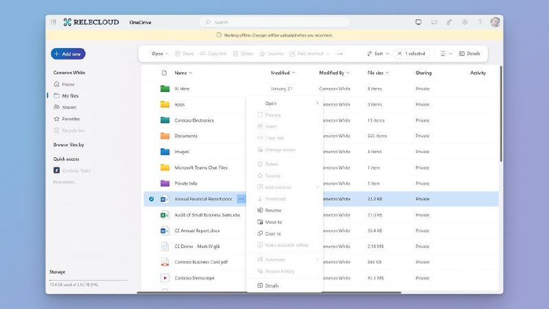 OneDrive新增离线功能离线模式可以让网络端用户在断网的情况下打开已标记为离线可用的文件，并导航到收藏夹文件和 OneDrive 主页、对文件进行重命名、排序、移动、复制、编辑和保存，一旦再次连接互联网，这些操作都将同步完成