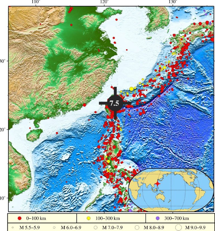 中国台湾附近发生地震今早，台湾花莲县海域先后发生7.3级、6.0级、5.5级地震，花莲县接连发生5.9级、5.2级地震