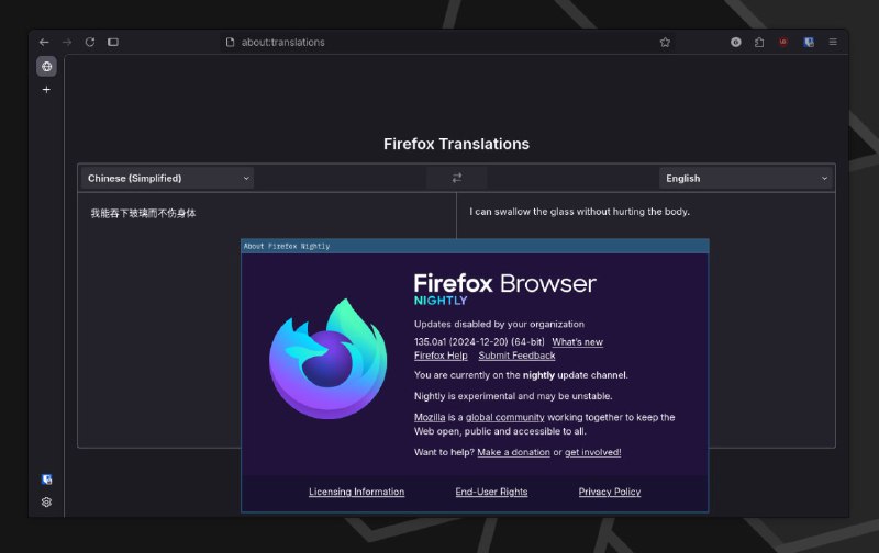 Firefox Nightly 的网页翻译支持中文啦！预计在 2025 年初向全部用户启用