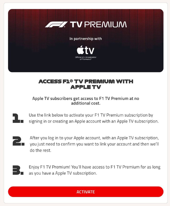  美区 Apple TV 订阅用户可免费领取 F1 TV Premium 会员F1🍀在花频道  🍵茶馆聊天  📮投稿