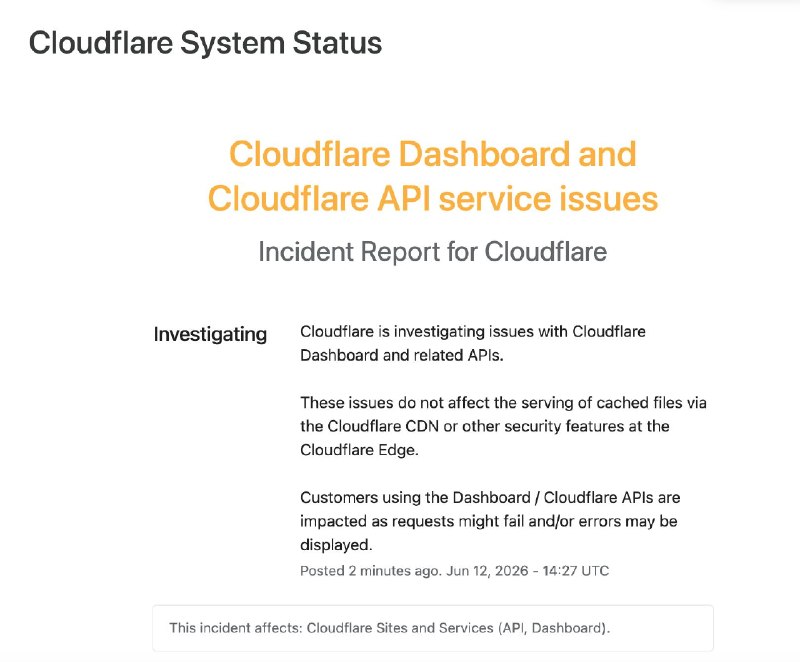 Cloudflare 控制面板和 Cloudflare API 服务目前中断这是Cloudflare 本年度的第七次中断故障上次中断是5月23号 时隔一个月不到再次发生中断