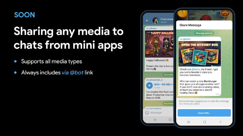 Telegram 即将推出 10 个针对小程序的新功能，使开发人员能够在 Telegram 上创建数十种新型应用程序和游戏·全屏模式·主屏幕快捷方式·订阅计划·地理位置访问（需要权限）·设备陀螺仪数据·表情符号状态访问·媒体共享·赠送礼物·提高发送消息数量上限·广告变现最后两项功能 已经上线 ，其他功能将在 2-4 周内陆续推出