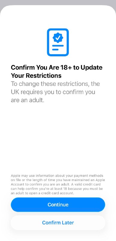 🇬🇧 英国 iPhone 用户将被要求进行 18 岁年龄验证，未完成者部分服务受限苹果在英国推出新的年龄控制措施，英国用户升级到最新的 iOS 26.4 版本后，若要使用部分服务、功能或进行某些账户操作，需要确认自己已满 18 岁；未完成验证的成年人，将限制网页浏览，以及信息和 FaceTime 通话中的“通信安全”检查
